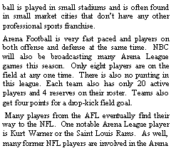 Text Box: ball is played in small stadiums and is often found in small market cities that don�t have any other professional sports franchise.  Arena Football is very fast paced and players on both offense and defense at the same time.  NBC will also be broadcasting many Arena League games this season.  Only eight players are on the field at any one time.  There is also no punting in this league. Each team also has only 20 active players and 4 reserves on their roster.  Teams also get four points for a drop-kick field goal. Many players from the AFL eventually find their way to the NFL.  One notable Arena League player is Kurt Warner or the Saint Louis Rams.  As well, many former NFL players are involved in the Arena 